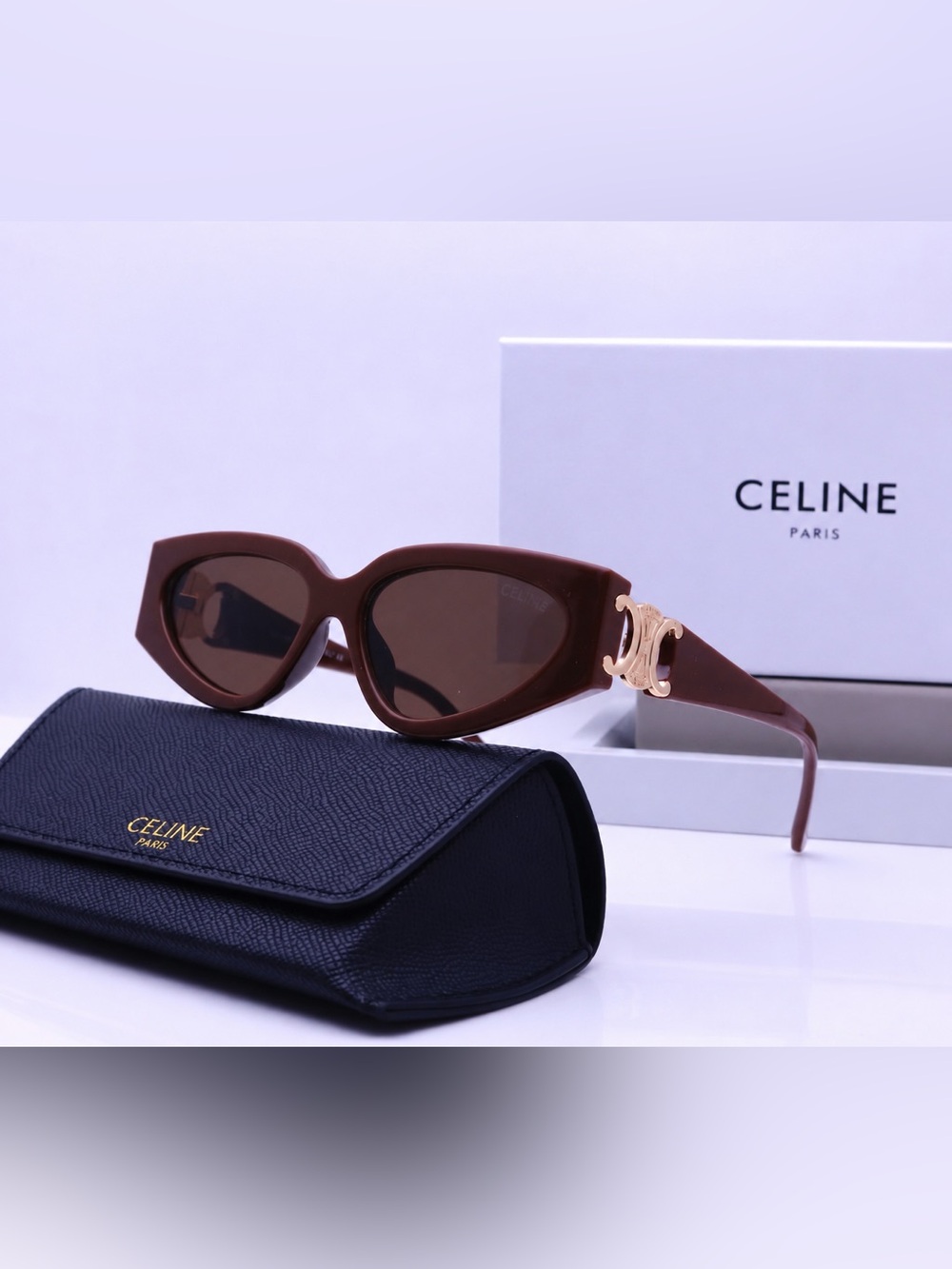 Celine Brown Cat Eye Sunglasses with Gold Triomphe Accent